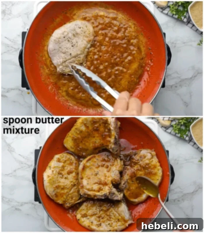 Sticky Brown Sugar Garlic Pork Chops 8 Spooning the delicious brown sugar garlic glaze over the seared pork chops.