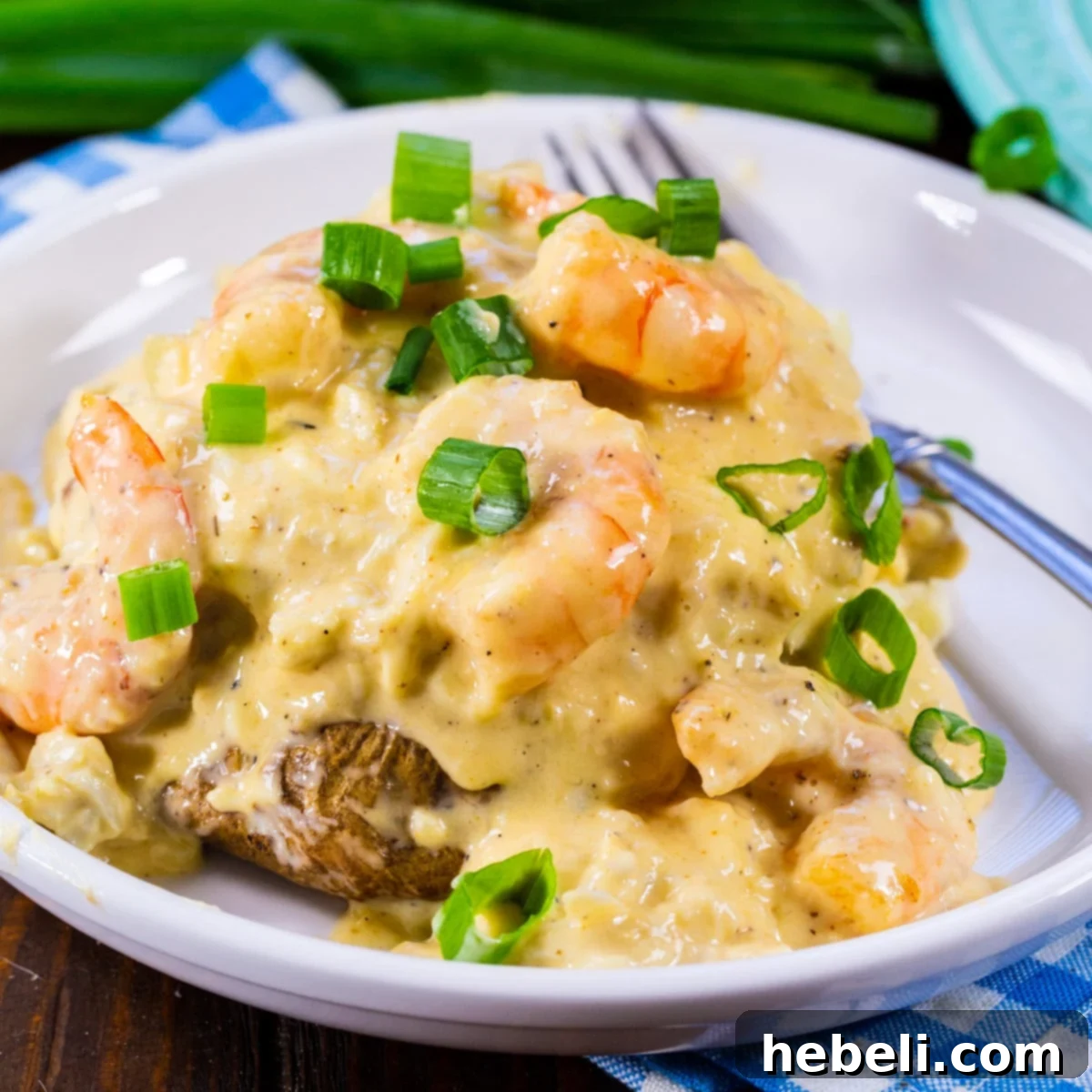 Double Stuffed Potatoes with Cheesy Seafood Sauce on a plate.