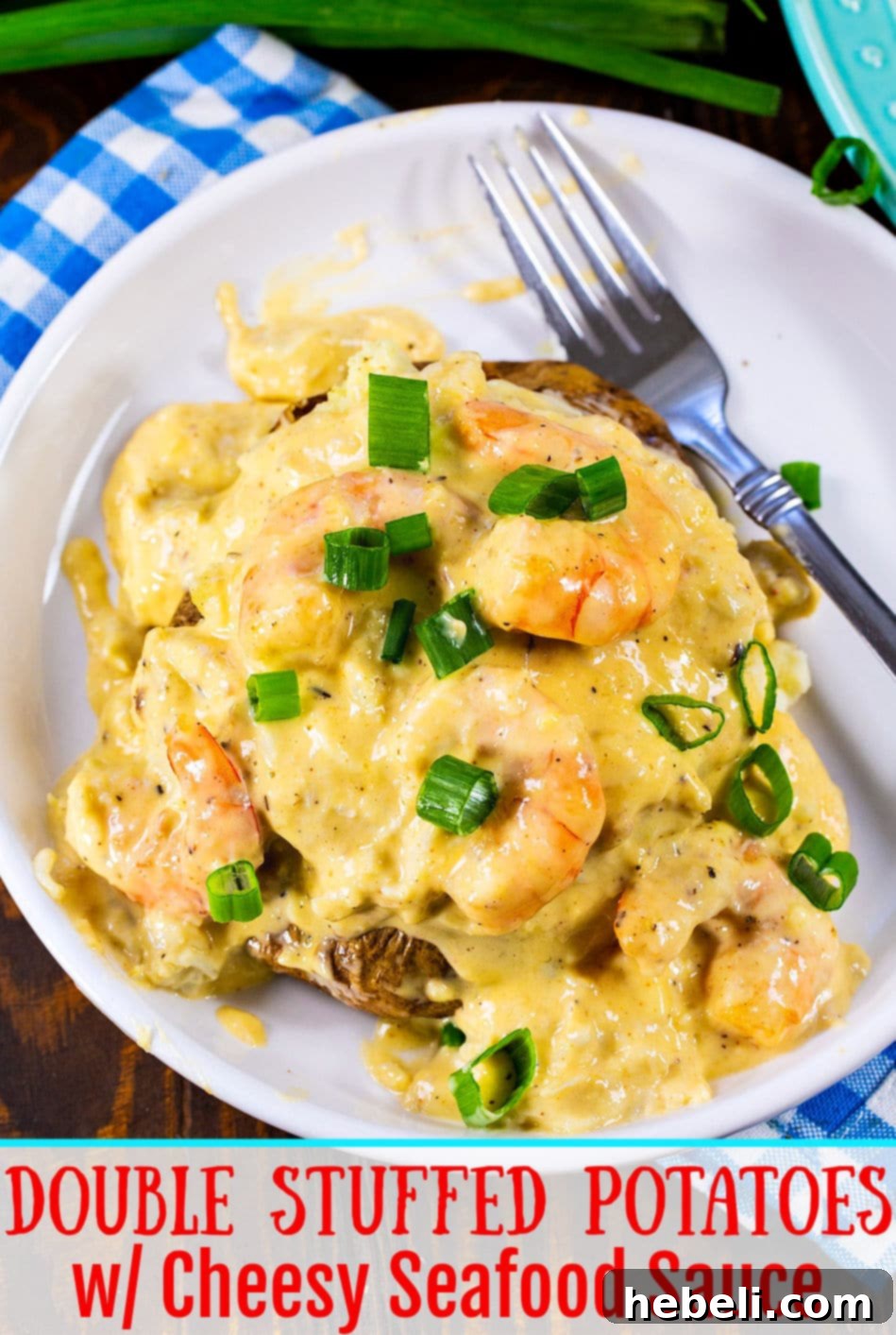 Double Stuffed Potatoes with Cheesy Seafood Sauce - close up.