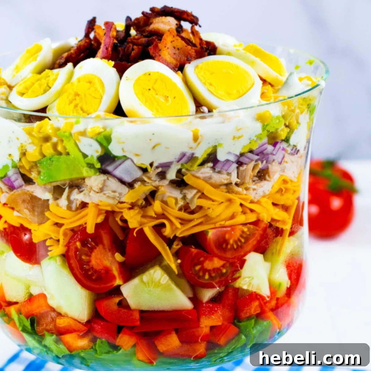 Layered Chicken Bacon Ranch Salad 2 Chicken Bacon Ranch Layer Salad in a trifle bowl.