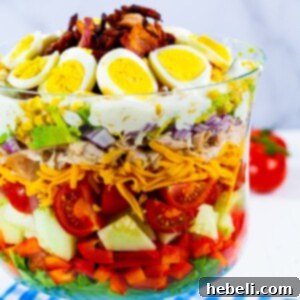 Chicken Bacon Ranch Layer Salad in a trifle bowl.