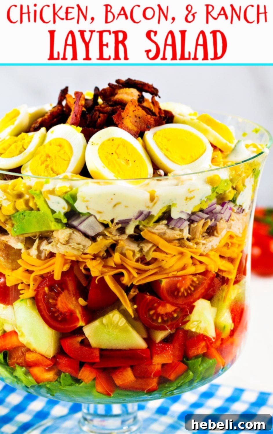 Layered Chicken Bacon Ranch Salad 6 Beautifully presented Chicken Bacon Ranch Layer Salad, showcasing all its vibrant layers.