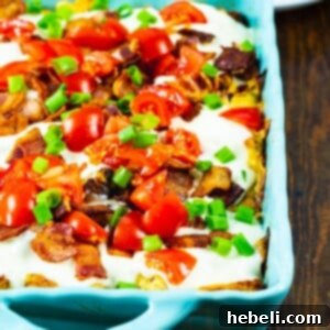 Hot Brown Casserole in a blue baking dish.