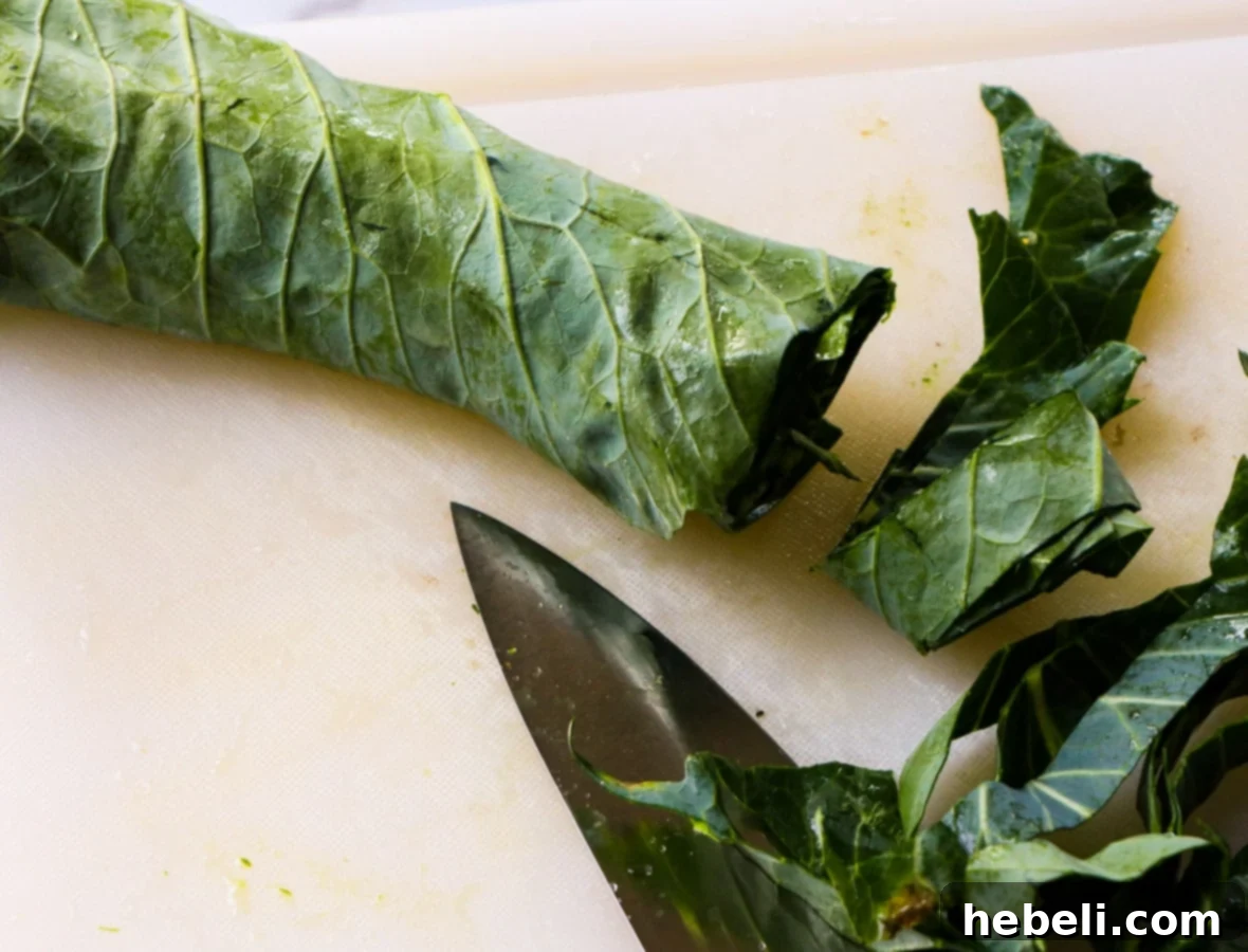 Smoky Chipotle Braised Greens 4 Collard green leaves are neatly stacked and rolled, ready to be cut into uniform strips for cooking.
