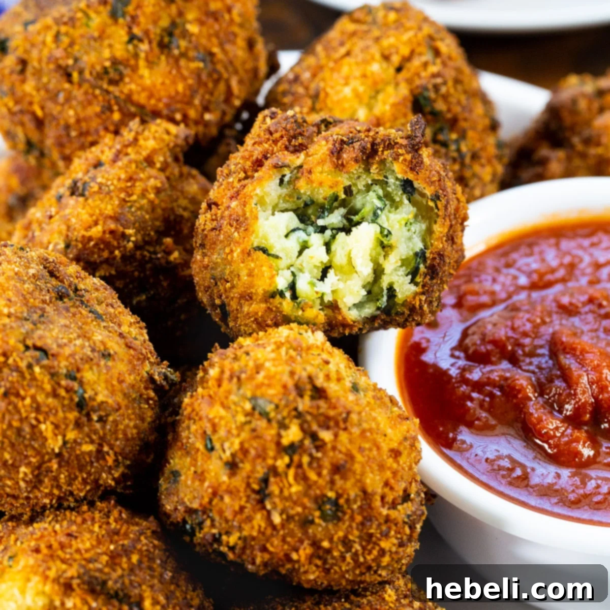 Golden brown crispy spinach cheese balls served with a vibrant pizza dipping sauce.