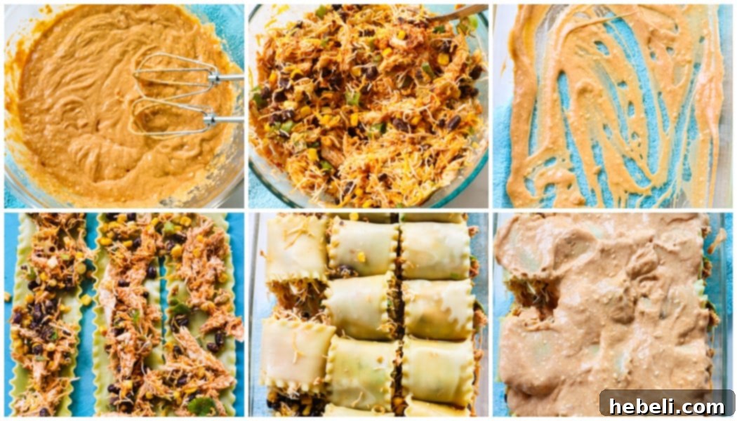 Tex-Mex Chicken Lasagna Pinwheels 3 A collage of step-by-step images showing the process of spreading filling onto lasagna noodles and rolling them up, illustrating the ease of preparation.