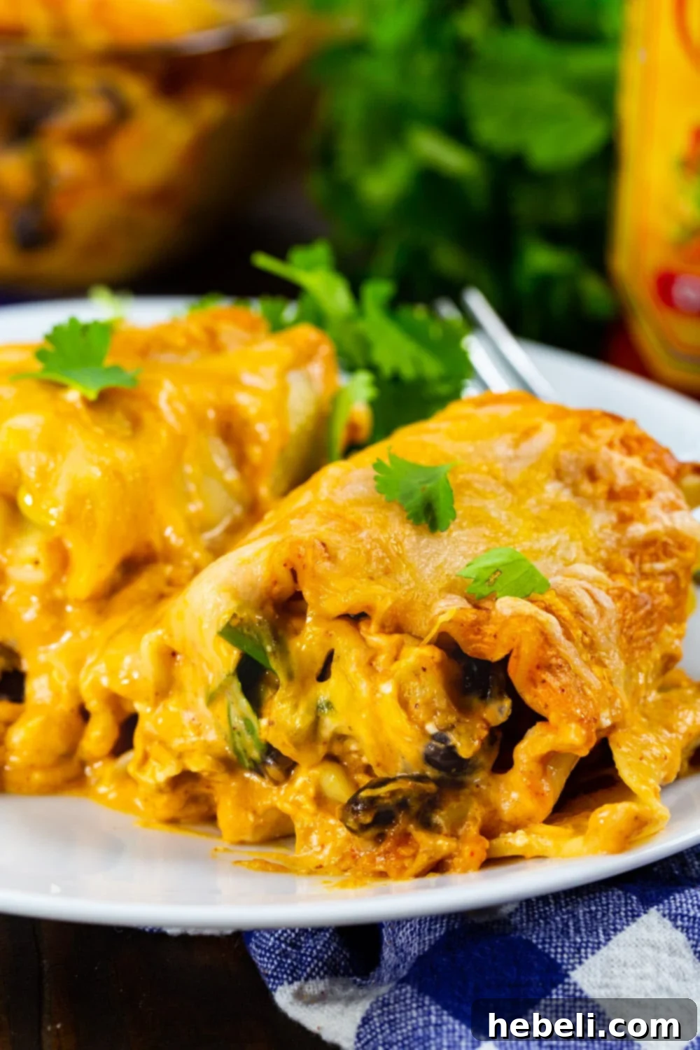 Tex-Mex Chicken Lasagna Pinwheels 6 A close-up shot of Southwestern Chicken Lasagna Roll-Ups on a plate, garnished with fresh cilantro and a drizzle of sauce, showcasing their appetizing appeal.