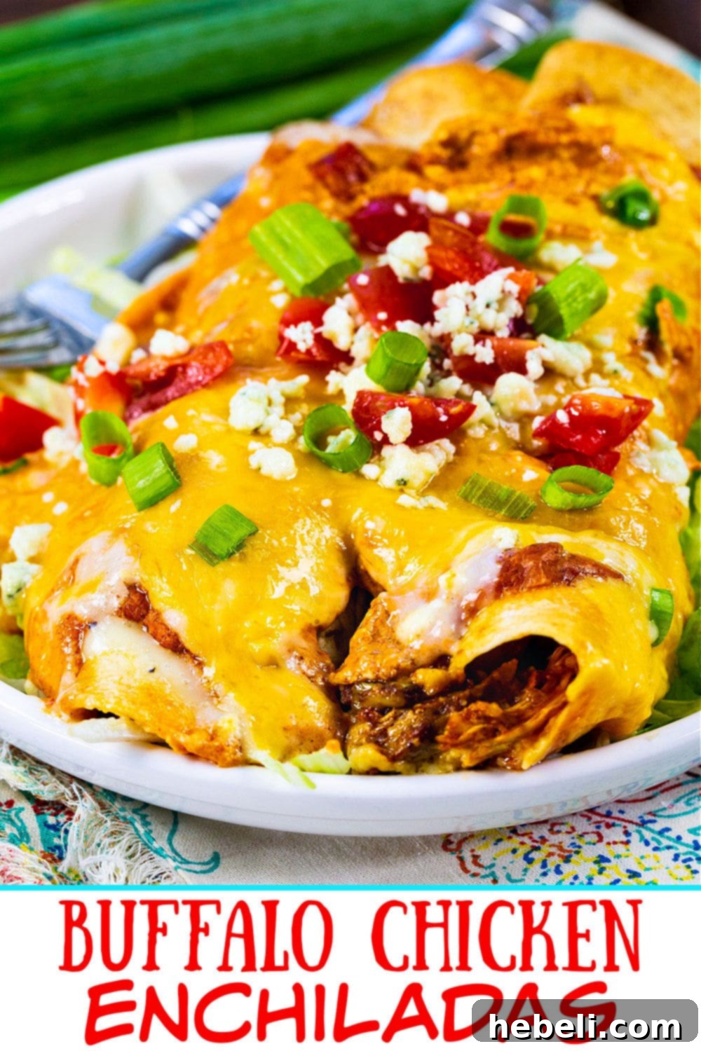 Zesty Buffalo Chicken Enchiladas 4 Two Buffalo Chicken Enchiladas on a plate.