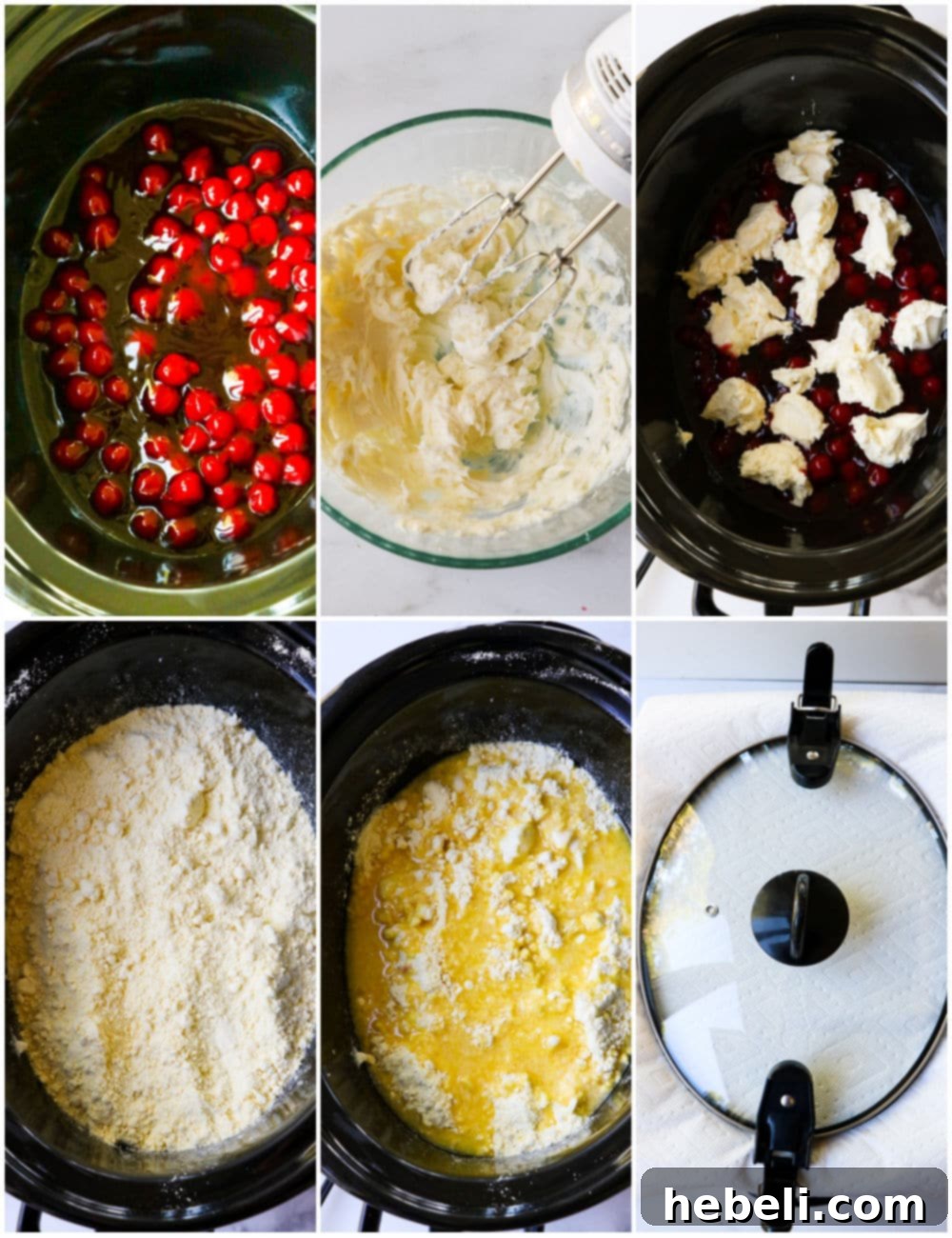 Collage showing the step-by-step process of making Cherries and Cream Dump Cake.