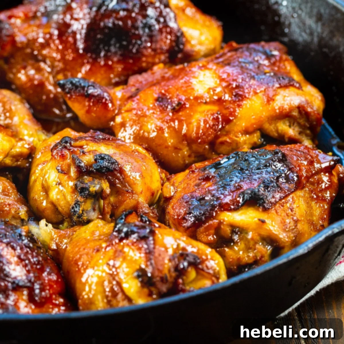 Caramelized Southern Chicken 2 Southern Sticky Chicken in a rustic cast iron pan, showcasing its glossy, irresistible glaze.