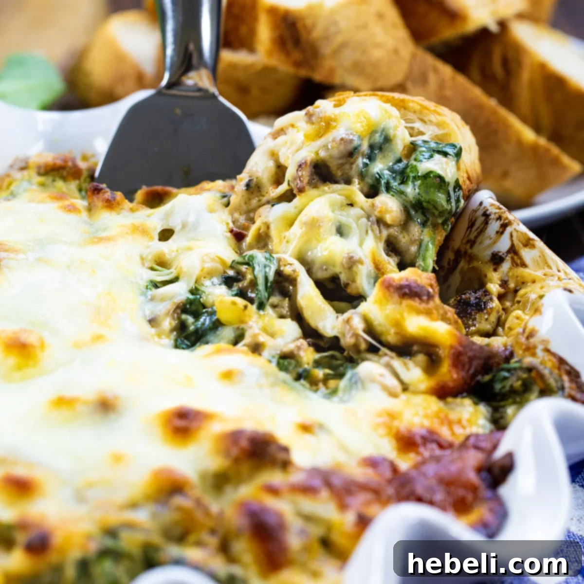 A vibrant white baking dish filled with creamy Tuscan Sausage and White Bean Dip, garnished with fresh basil leaves, ready to be enjoyed by guests.