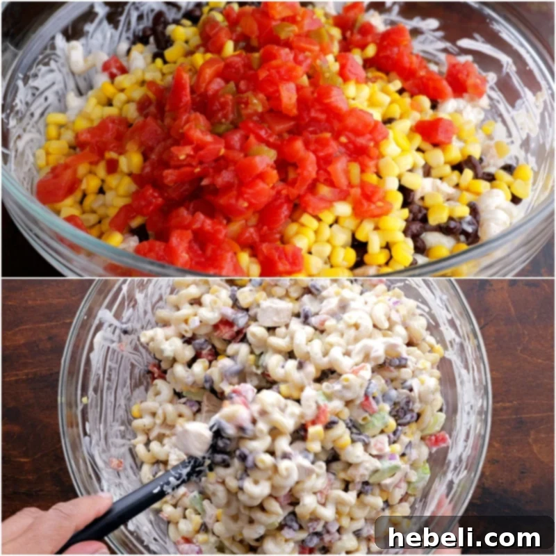Creamy Chipotle Chicken Pasta Salad 6 Adding corn, black beans, and other ingredients to the pasta and dressing mixture.
