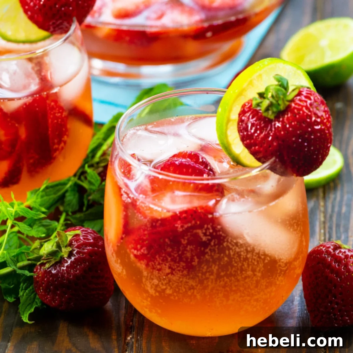 A beautiful glass of Strawberry Shortcake Sangria, garnished with fresh strawberries, ready to be enjoyed.