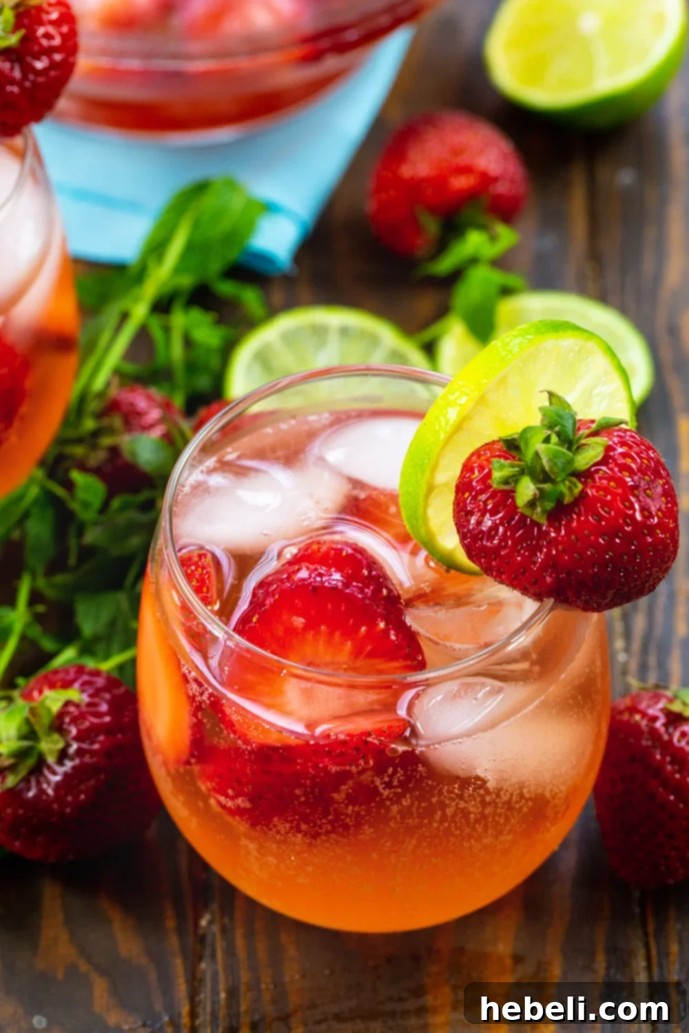 A close-up of Strawberry Shortcake Sangria in a wine glass, garnished with a lime slice and a fresh strawberry.