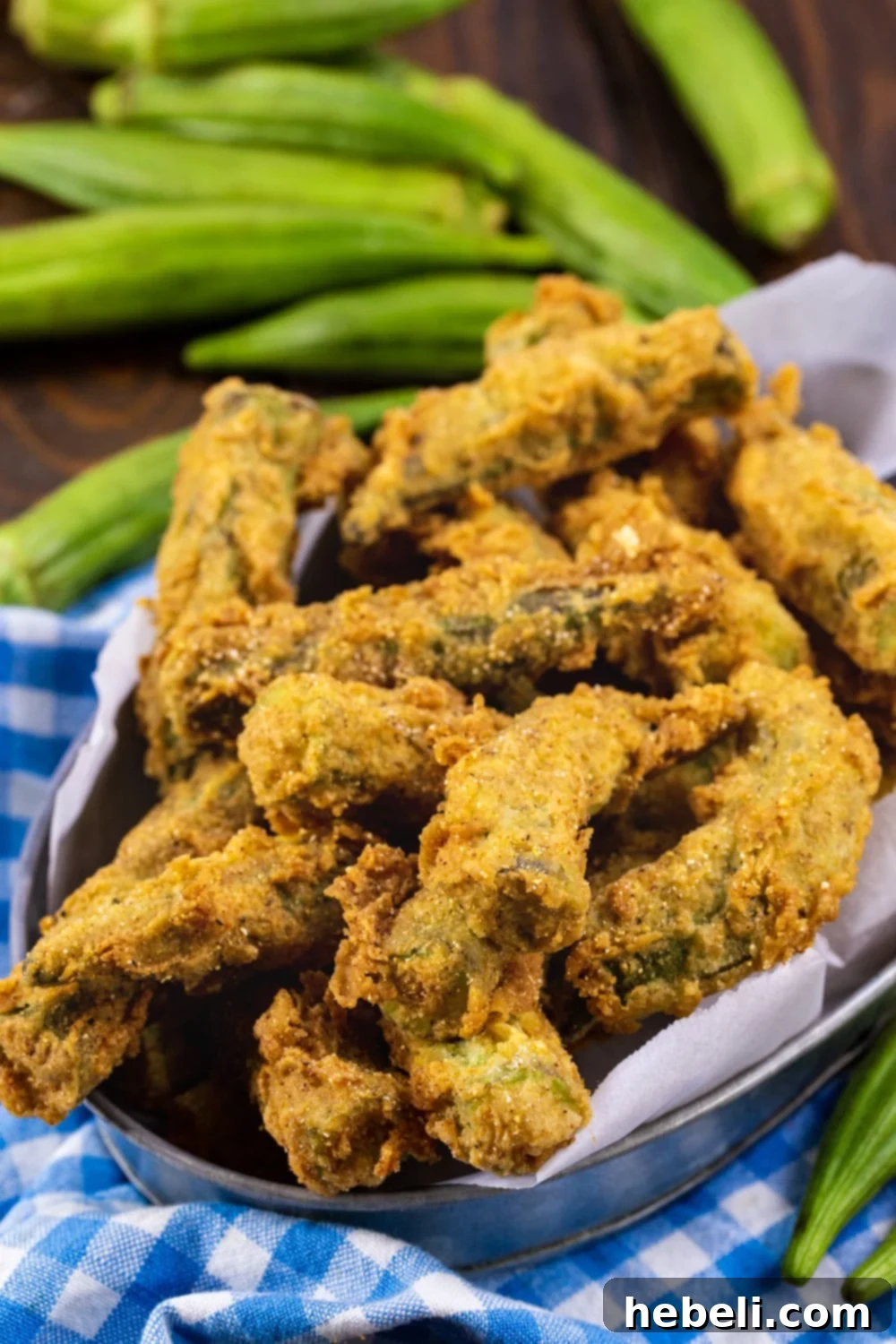 Fried Okra in a metal tin, ready to be served.