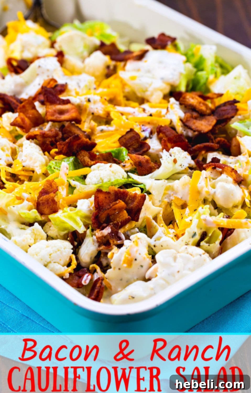 Creamy Bacon Ranch Cauliflower Crunch 6 Close-up of Bacon and Ranch Cauliflower Salad, showing bacon, cheese, and cauliflower.