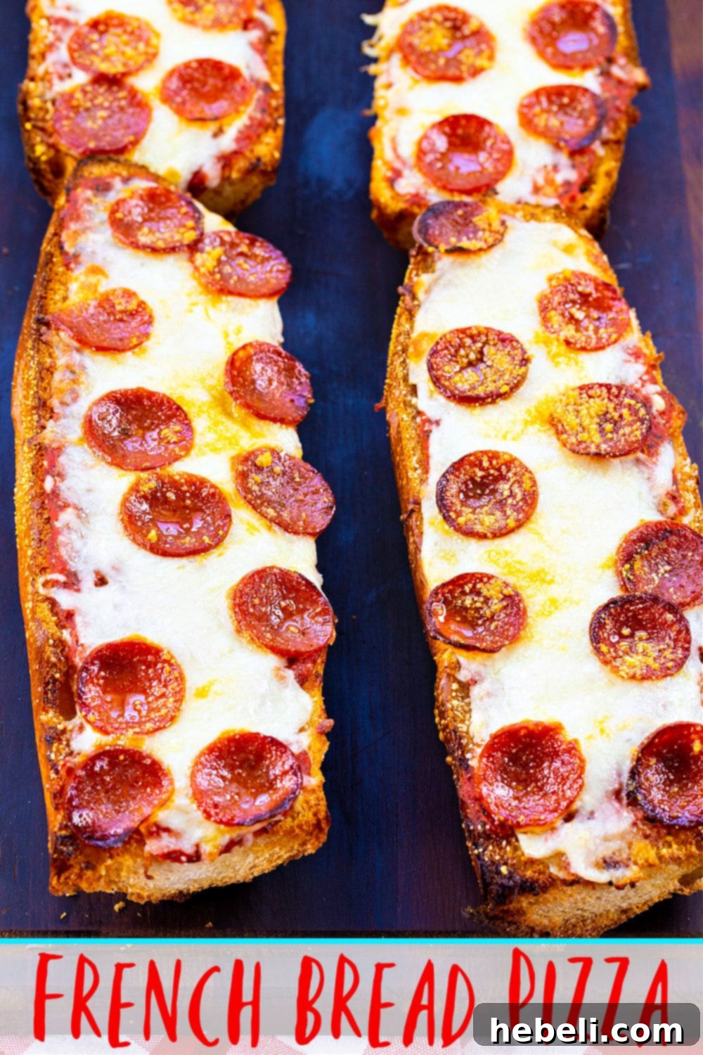 Close-up of a slice of Pepperoni French Bread Pizza, showcasing the melted cheese and crispy crust.