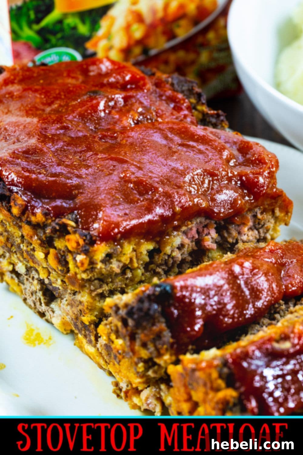 Stove Top Meatloaf cut into slices on a serving platter.