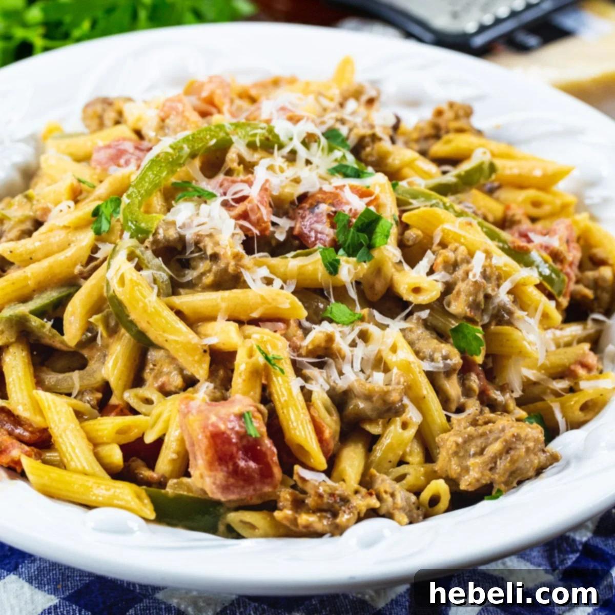 A beautifully arranged bowl of Creamy Cajun Sausage Pasta, showcasing the rich sauce and fresh parsley garnish.