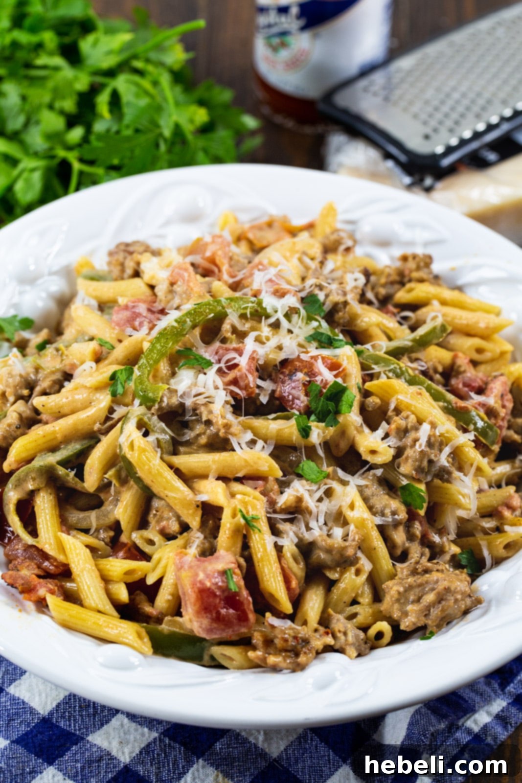 A close-up of Creamy Cajun Pasta in a bowl, garnished with freshly chopped parsley, with a bouquet of parsley beside it.