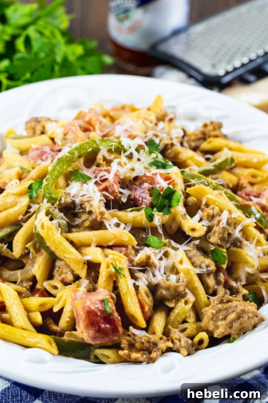 A large serving of Creamy Cajun Sausage Pasta in a white bowl, garnished with herbs and ready to be enjoyed.