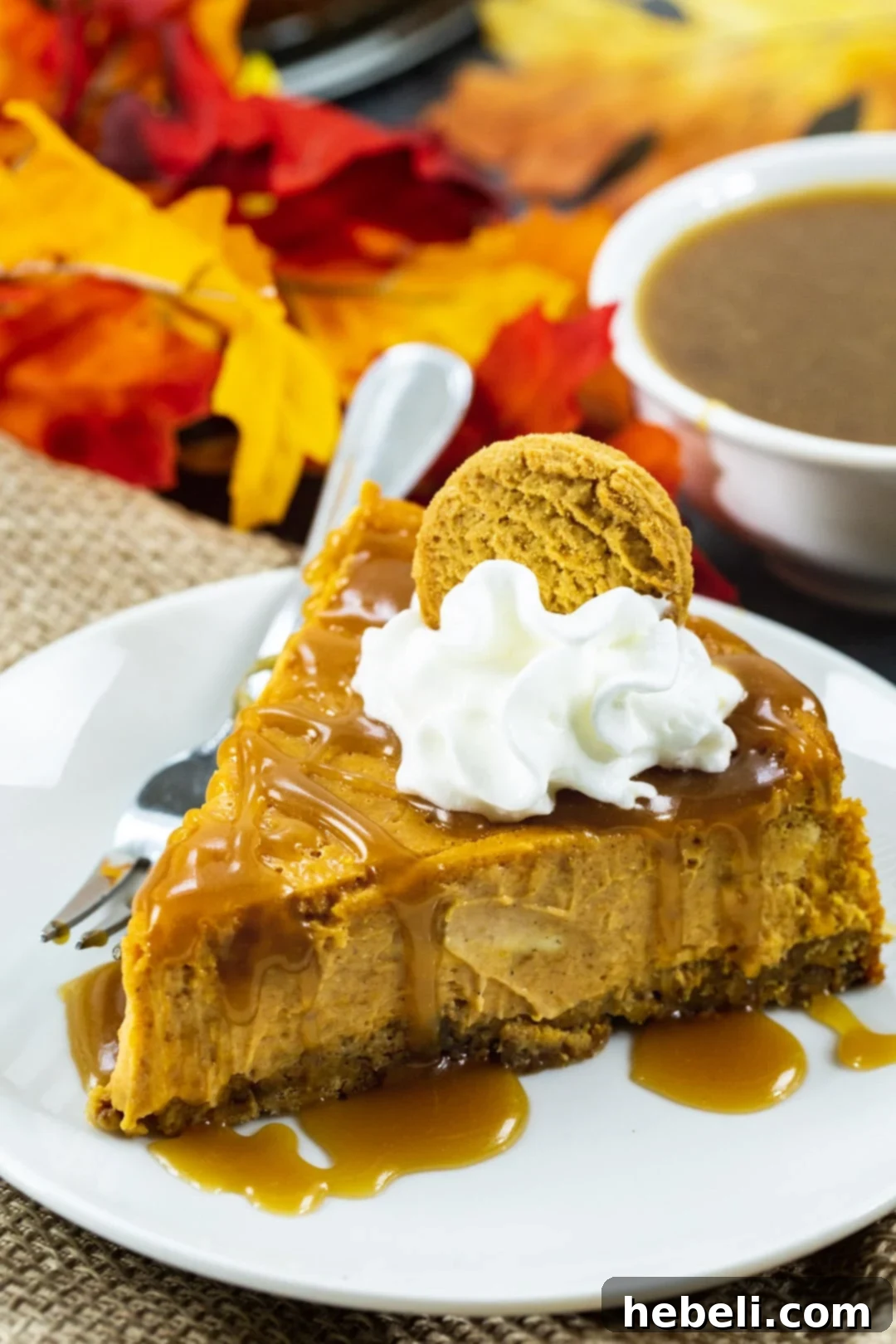 A perfectly baked, unadorned slice of Pumpkin Cheesecake sits on a pristine white plate, showcasing its rich texture.