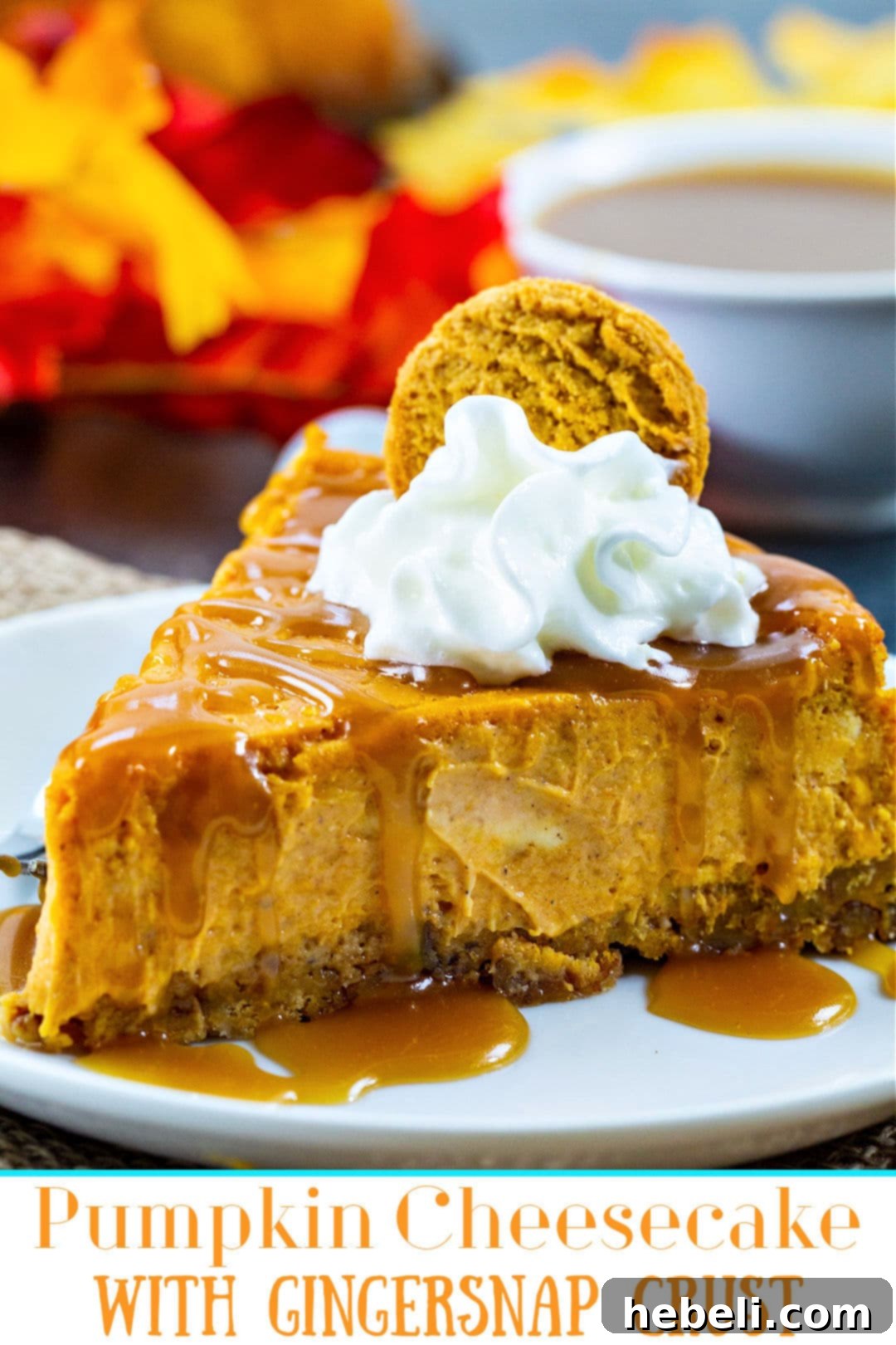 A close-up of a sumptuous slice of cheesecake, generously drizzled with rich caramel sauce and crowned with a delicate peak of whipped cream.