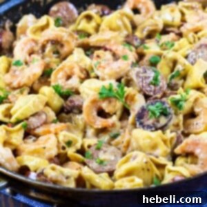 Creamy Tortellini with Shrimp and Smoked Sausage finished dish
