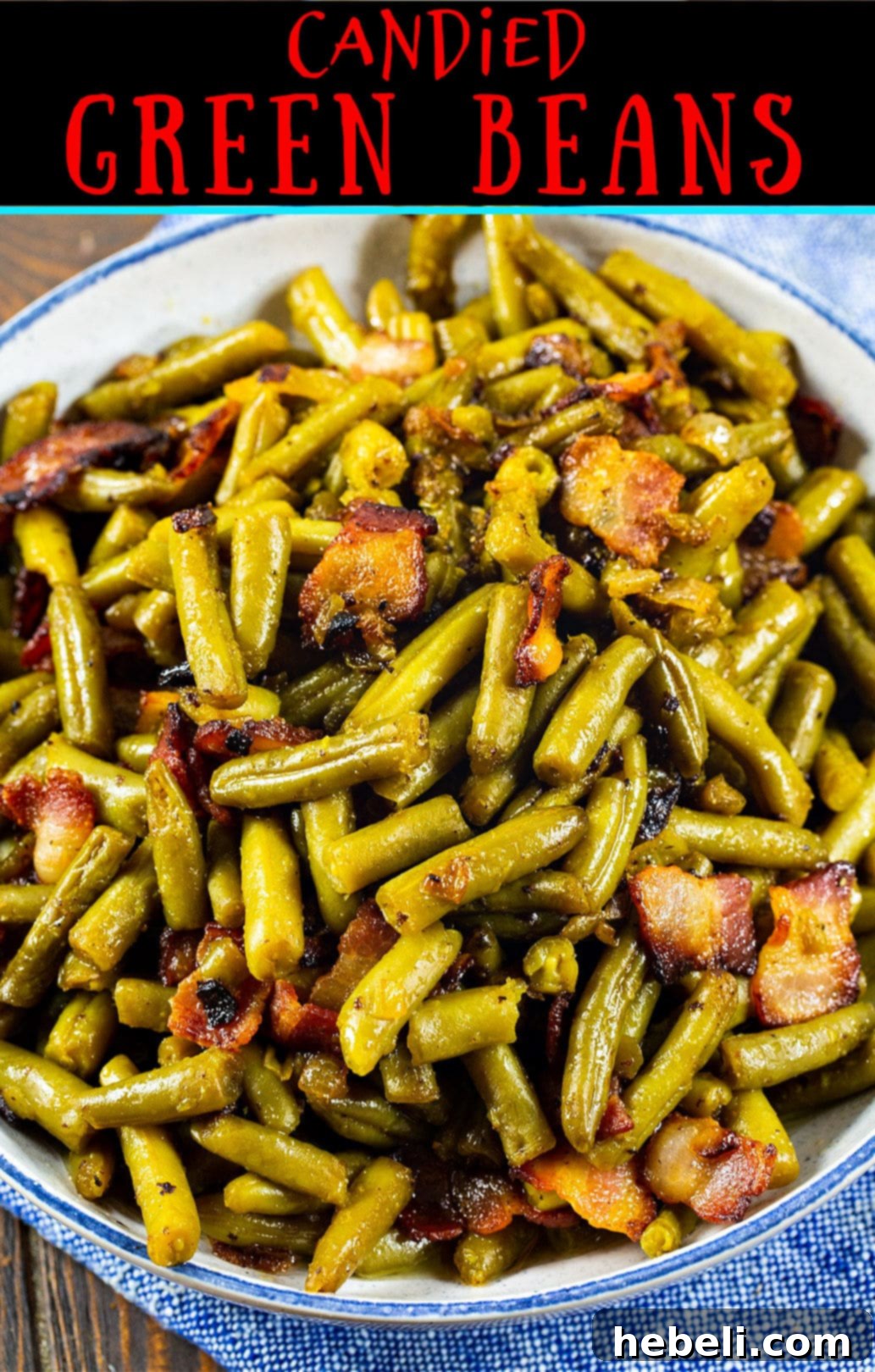 Close-up of Candied Green Beans with visible bacon pieces in a serving bowl.