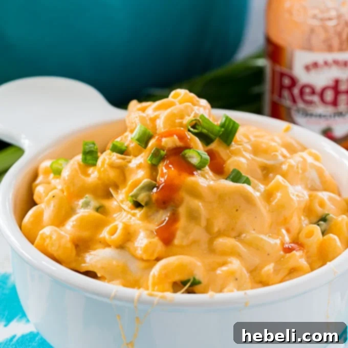 Ultimate Mac and Cheese Creations 9 Buffalo Chicken Mac and Cheese, generously topped with blue cheese crumbles and a spicy sauce.