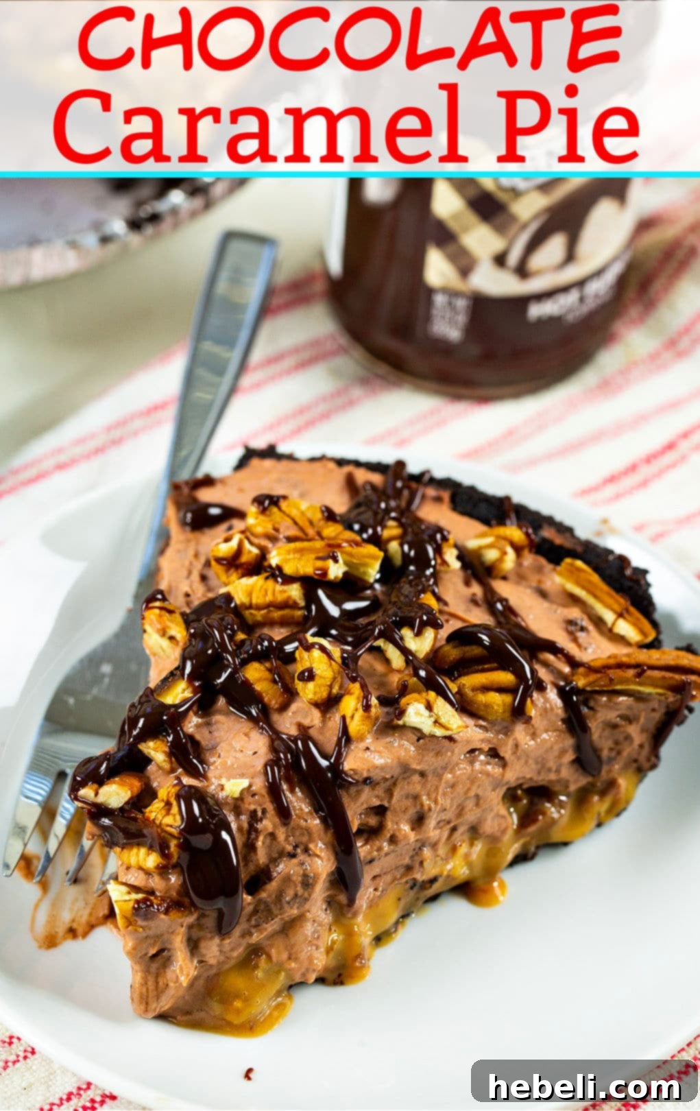 Decadent Chocolate Caramel Dream 5 A vibrant slice of Chocolate Caramel Pie, highlighting its distinct layers and appealing texture.