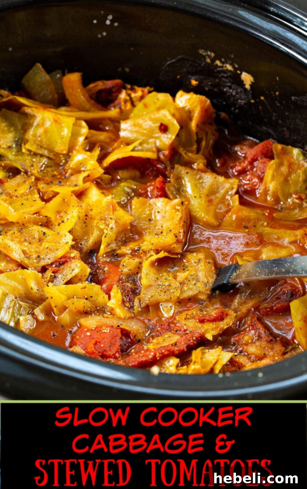 Close-up of Cabbage and Stewed Tomatoes served in a bowl.