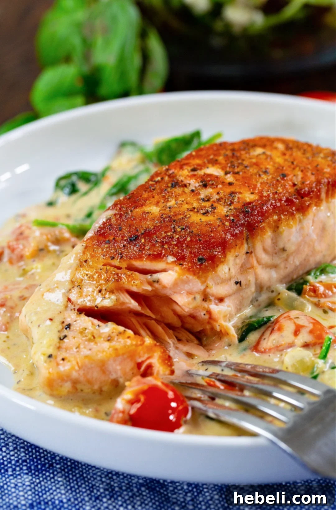 Fork cutting into a piece of perfectly cooked Creamy Tuscan Salmon, showing its moist interior.