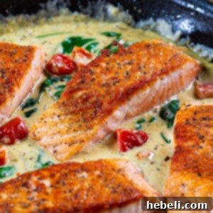 Close-up of Creamy Tuscan Salmon in a pan.
