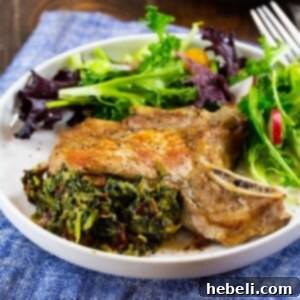 Spinach and Bacon Stuffed Pork Chops, ready to be served