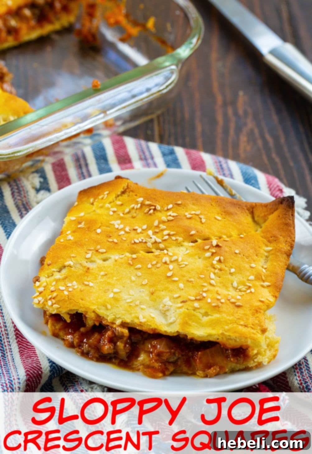 Close-up of a Sloppy Joe Crescent Square, showing the flaky crust and rich filling.