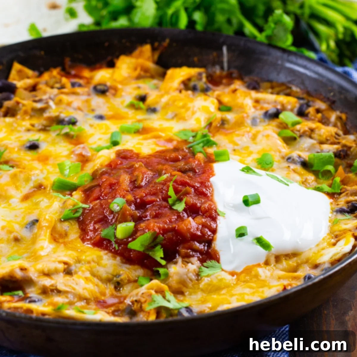 Smoky Chipotle Chicken Enchilada Skillet 2 Chipotle Chicken Enchilada Skillet topped with sour cream and salsa in a skillet.