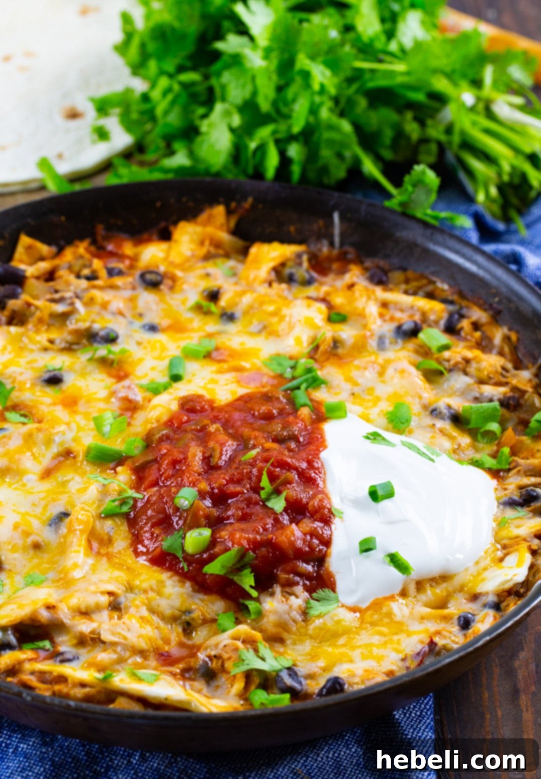 Smoky Chipotle Chicken Enchilada Skillet 4 Chipotle Chicken Enchilada Skillet topped with sour cream and salsa.