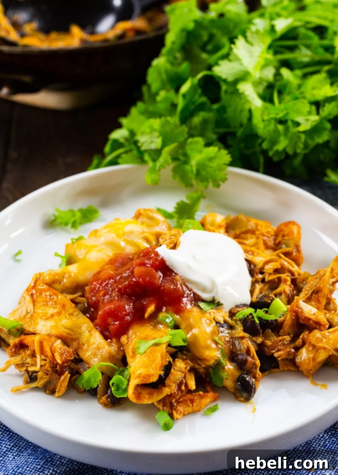 Smoky Chipotle Chicken Enchilada Skillet 5 Chipotle Chicken Enchilada Skillet dished up on a plate.