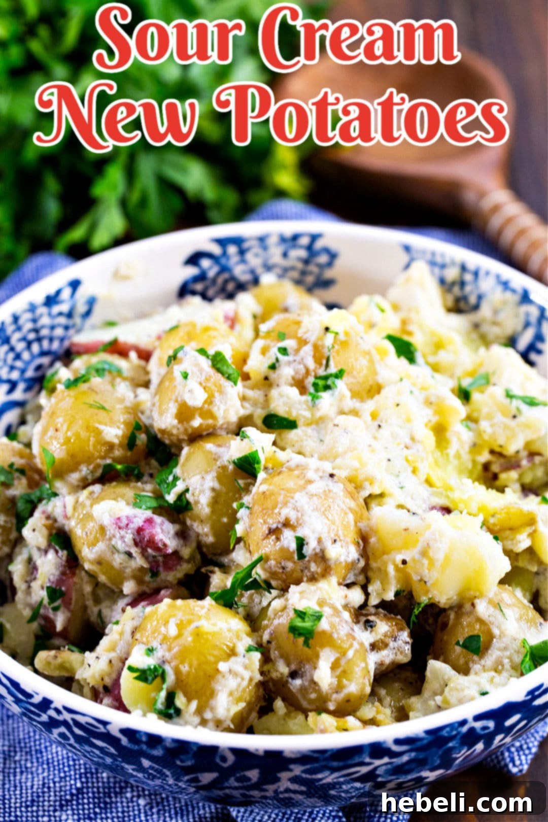 A vibrant serving of Sour Cream New Potatoes in a decorative blue and white bowl, ready for a meal.