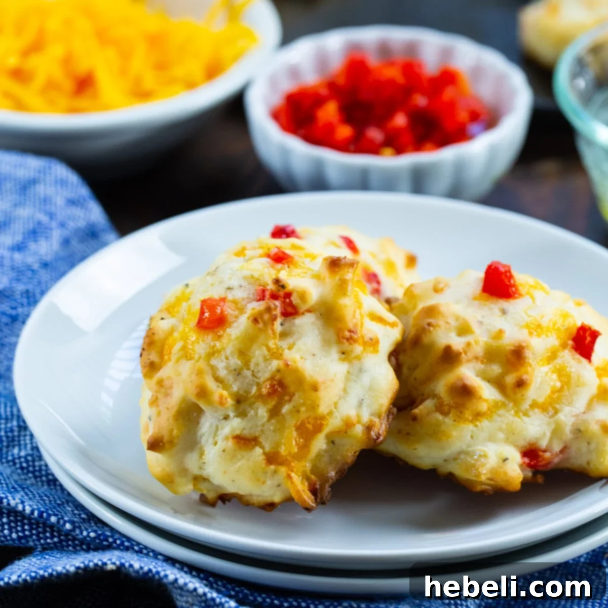 Cheesy Pimento Drop Clouds 2 Three Pimento Cheese Drop Biscuits on a small plate.