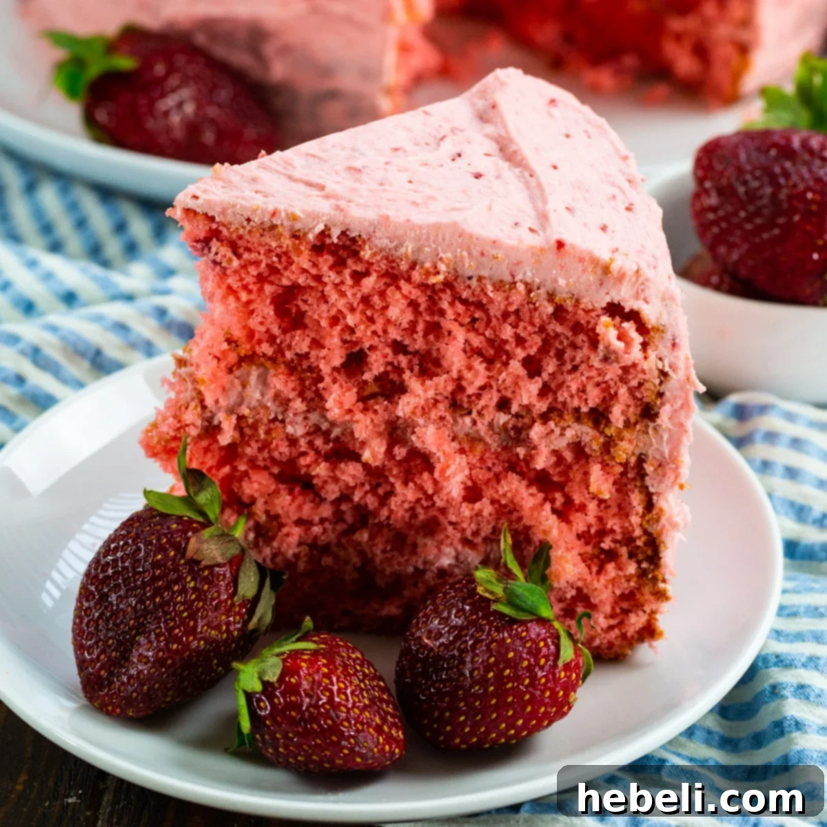 Slice of Strawberry Layer Cake on a plate with fresh strawberries, showcasing its beautiful layers and vibrant color.