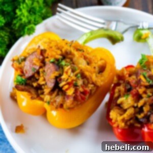Finished Jambalaya Stuffed Bell Peppers, a delicious and hearty meal.