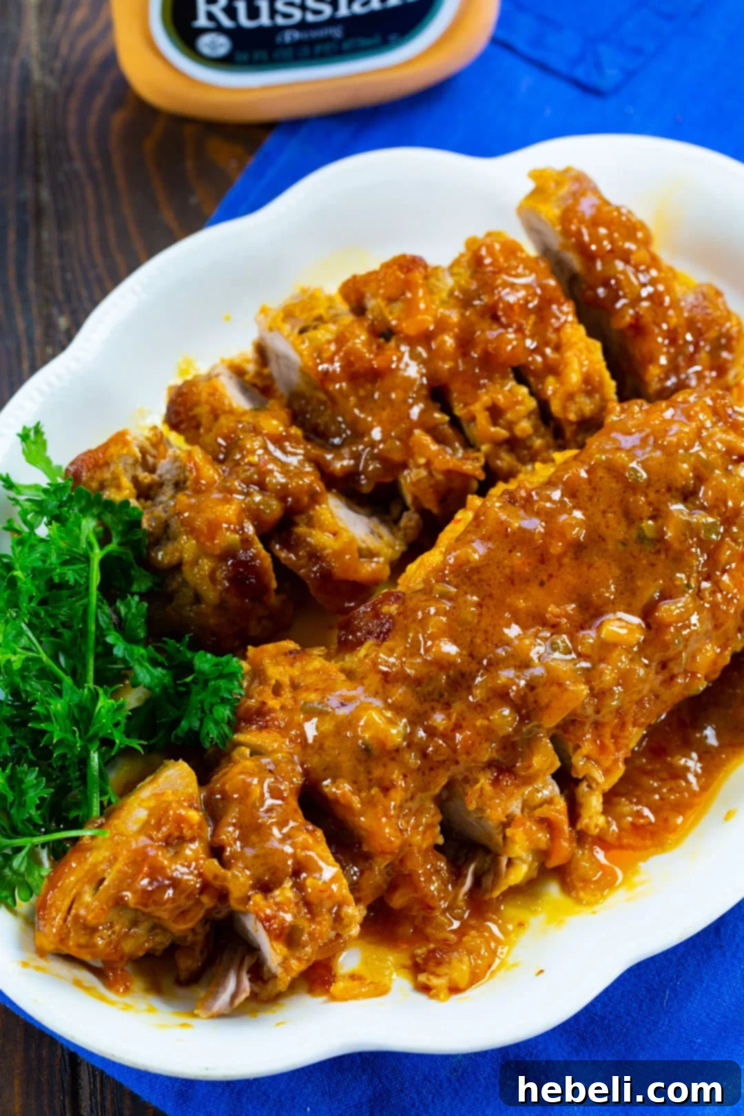 Russian Glazed Pork Tenderloin 3 Sliced Russian Dressing Pork Tenderloin ready for serving.