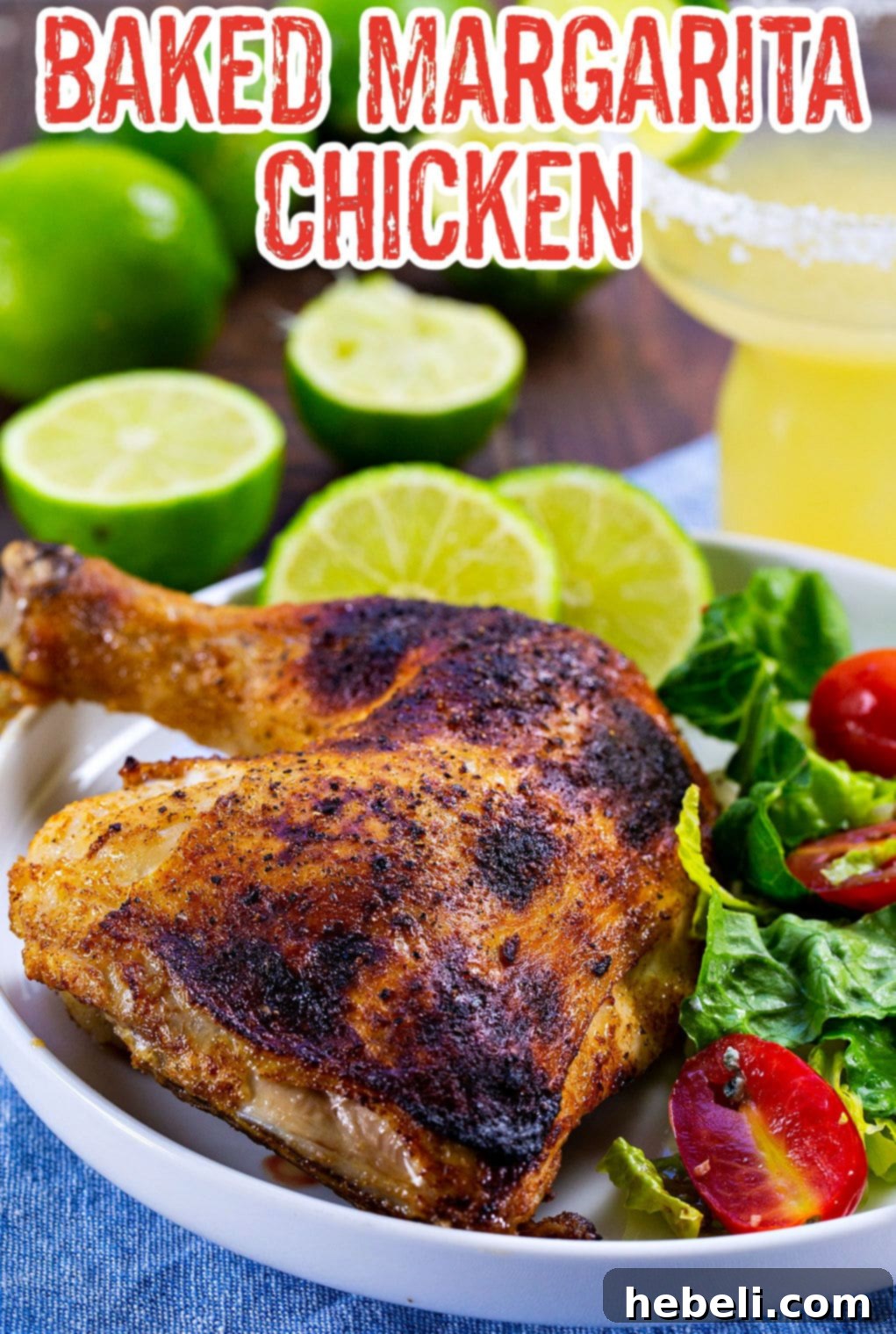 Zesty Margarita Chicken Bake 4 Baked Margarita Chicken on a white plate with a side of fresh salad, garnished with cilantro.