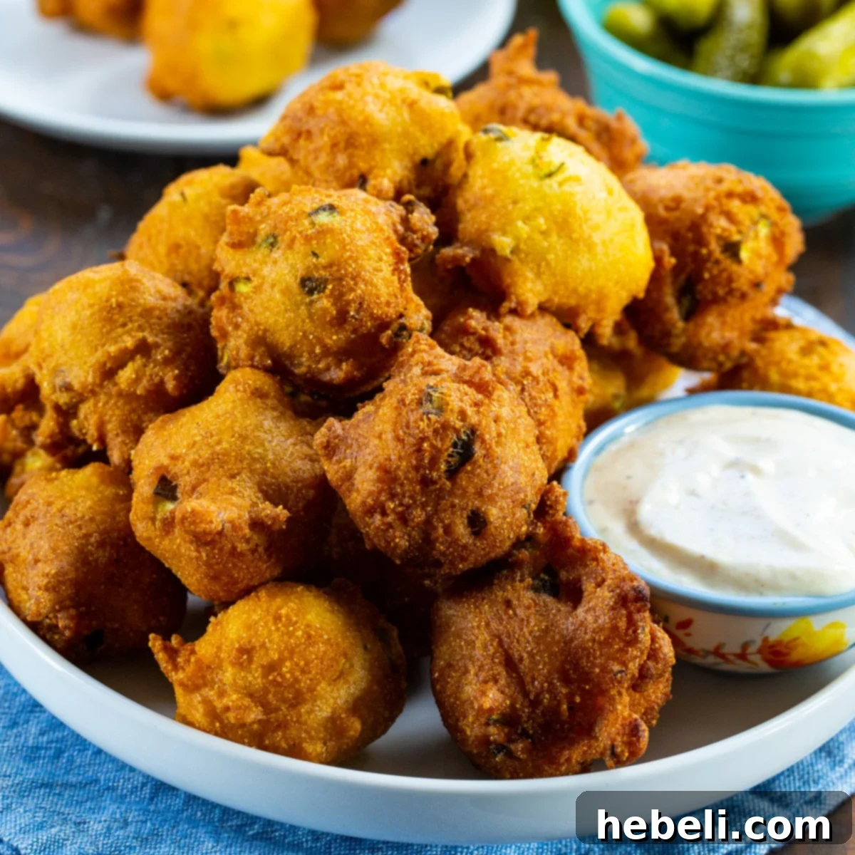 Piquant Pickle Hush Puppies 2 Golden brown Spicy Pickle Hush Puppies piled on a plate with a small bowl of white bbq sauce for dipping.