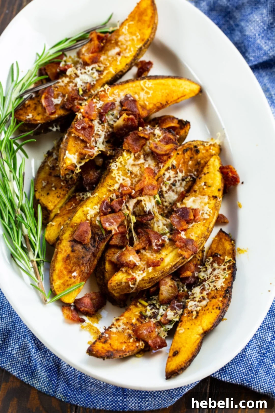 Loaded Bacon Parmesan Steak Fries 4 Bacon Parmesan Steak Fries on white platter with fresh rosemary garnish.