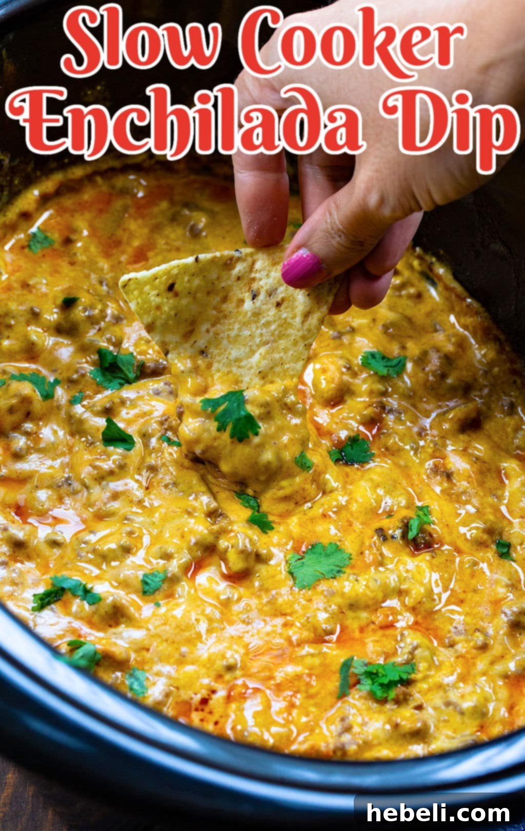 Your New Favorite 4-Ingredient Beef Enchilada Dip 3 A slow cooker filled with the uncooked ingredients for 4-Ingredient Beef Enchilada Dip: browned ground beef and onions, red enchilada sauce, and cubed Velveeta cheese, ready to melt into a delicious appetizer.