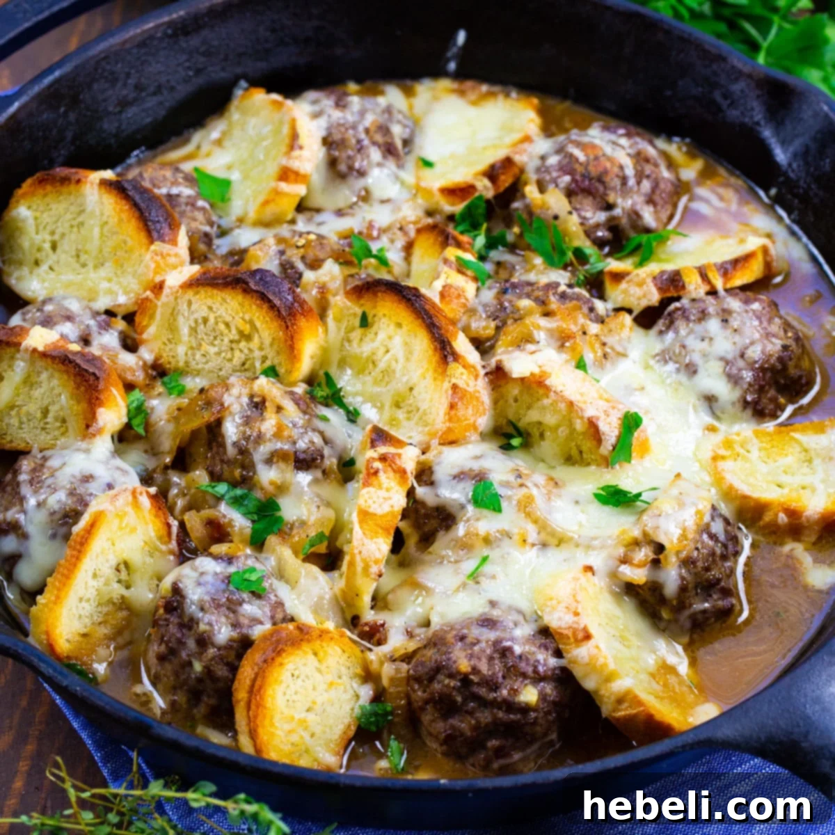 French Onion Meatballs 2 French Onion Meatballs in a skillet, ready to serve.