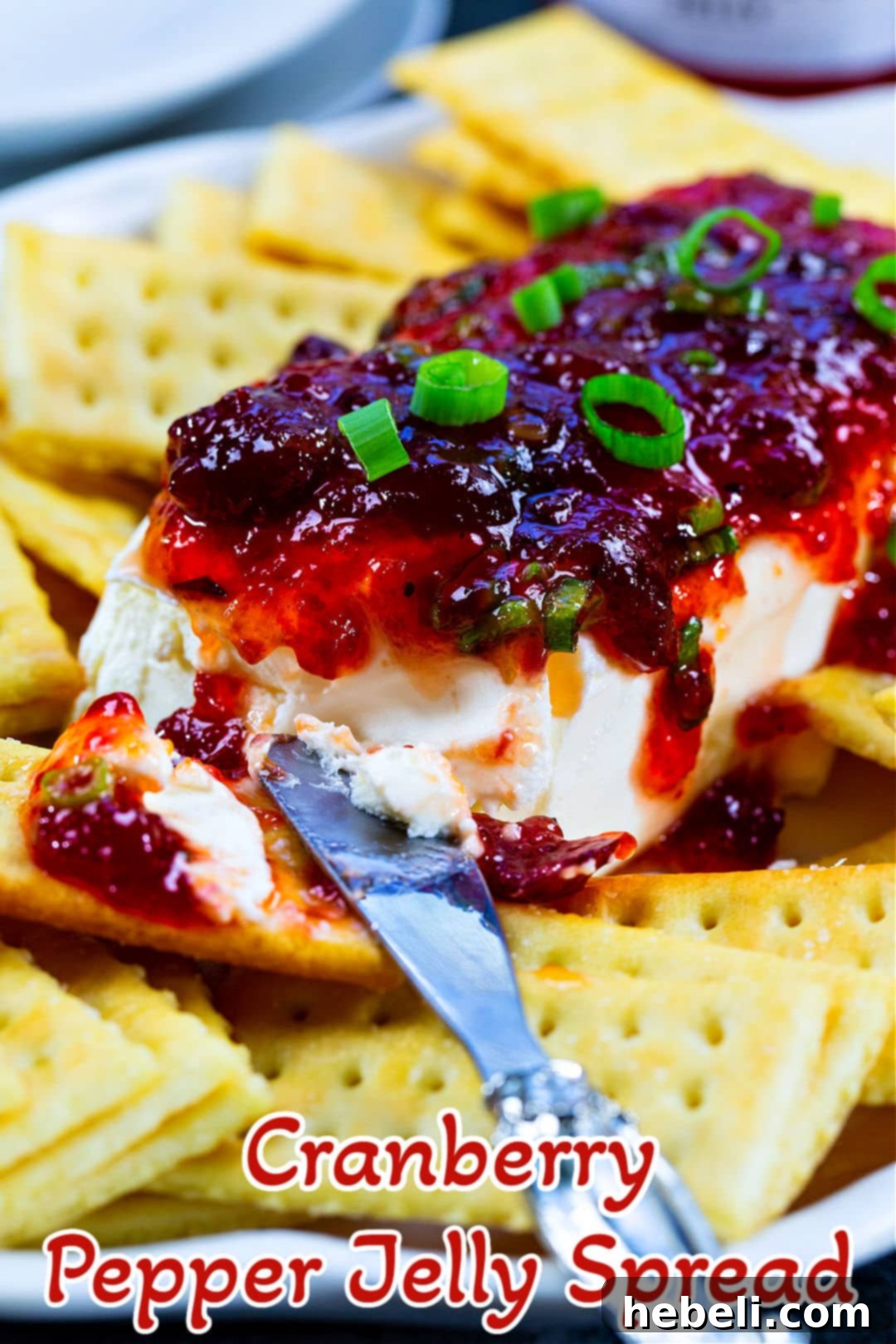 Sweet Heat Cranberry Spread 5 Cranberry Pepper Jelly Spread served on a platter with various crackers.